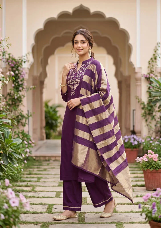 Purple Art Silk Cording Straight Kurta With Pant Regular And Dupatta