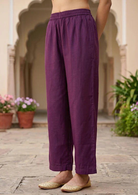 Purple Art Silk Cording Straight Kurta With Pant Regular And Dupatta