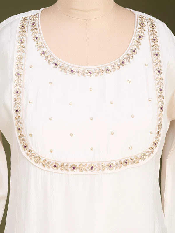 Off White Art Silk Cording A Line Kurta With Pant Regular And Dupatta