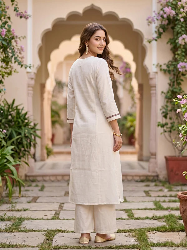 Off White Art Silk Cording A Line Kurta With Pant Regular And Dupatta