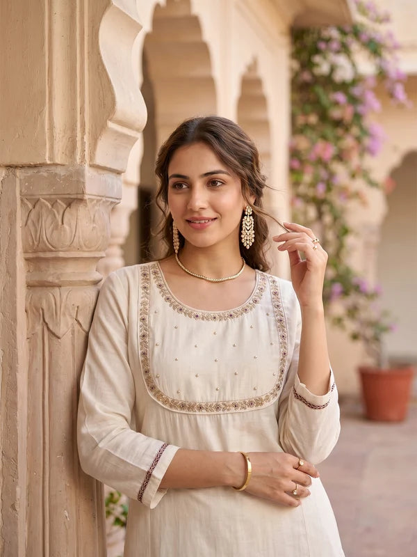 Off White Art Silk Cording A Line Kurta With Pant Regular And Dupatta