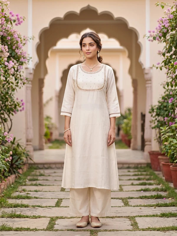 Off White Art Silk Cording A Line Kurta With Pant Regular And Dupatta