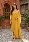 Mustard Semi Crepe Threadwork Straight Kurta With Pant Regular And Dupatta