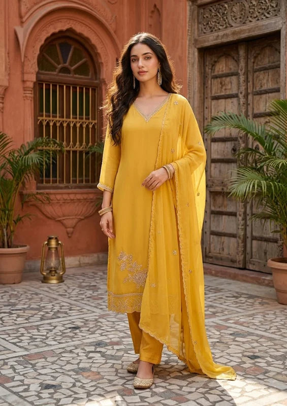 Mustard Semi Crepe Threadwork Straight Kurta With Pant Regular And Dupatta