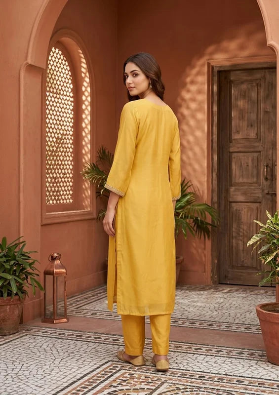 Mustard Semi Crepe Threadwork Straight Kurta With Pant Regular And Dupatta