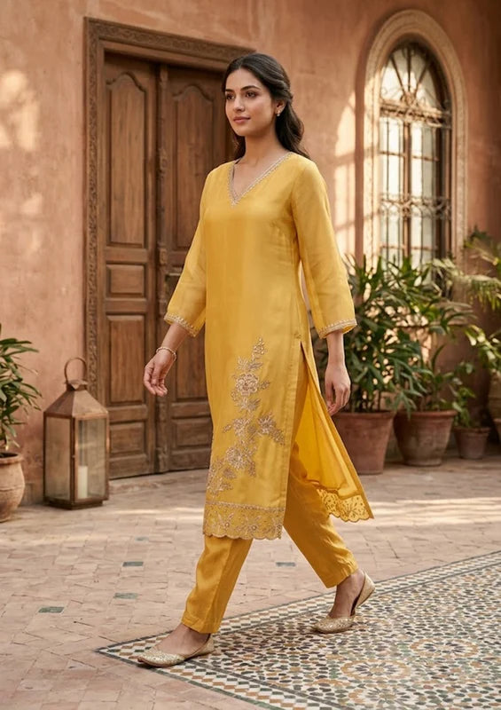 Mustard Semi Crepe Threadwork Straight Kurta With Pant Regular And Dupatta