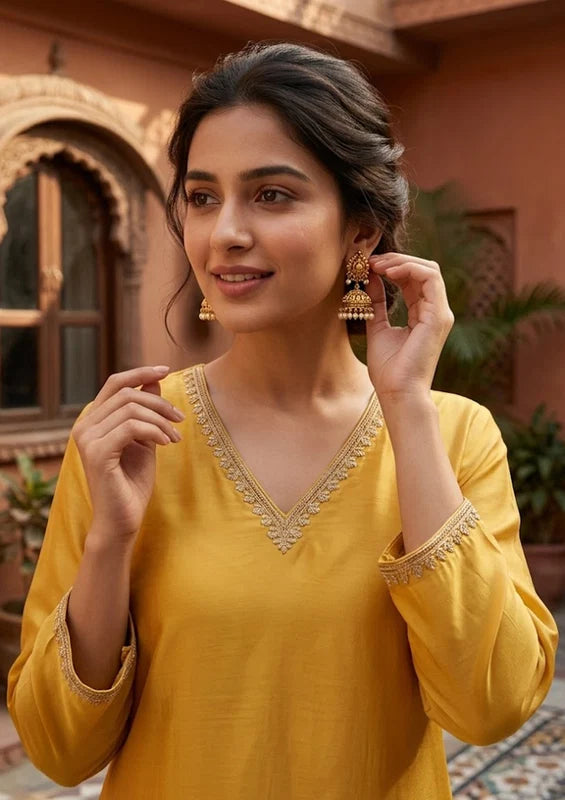 Mustard Semi Crepe Threadwork Straight Kurta With Pant Regular And Dupatta