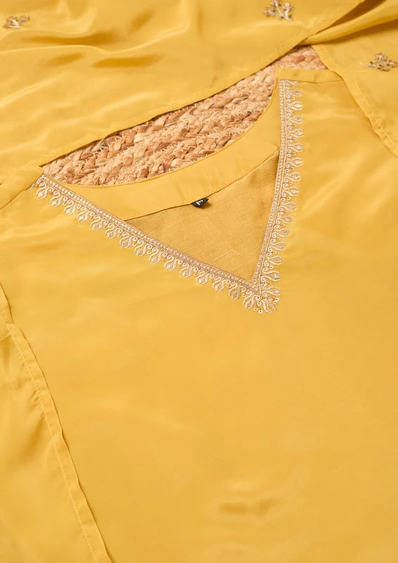 Mustard Semi Crepe Threadwork Straight Kurta With Pant Regular And Dupatta