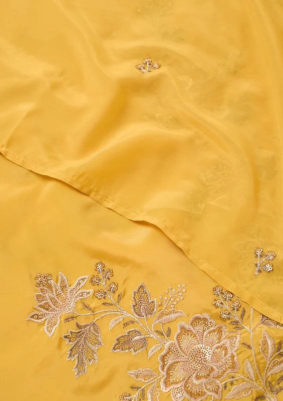 Mustard Semi Crepe Threadwork Straight Kurta With Pant Regular And Dupatta