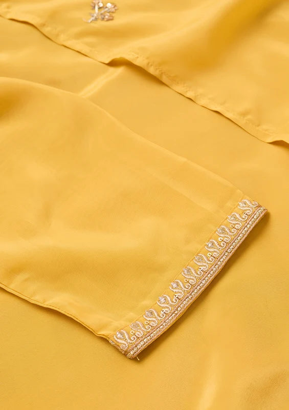Mustard Semi Crepe Threadwork Straight Kurta With Pant Regular And Dupatta
