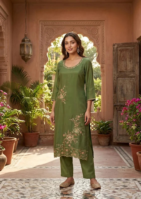 Mehendi Semi Crepe Threadwork Straight Kurta With Pant Regular And Dupatta