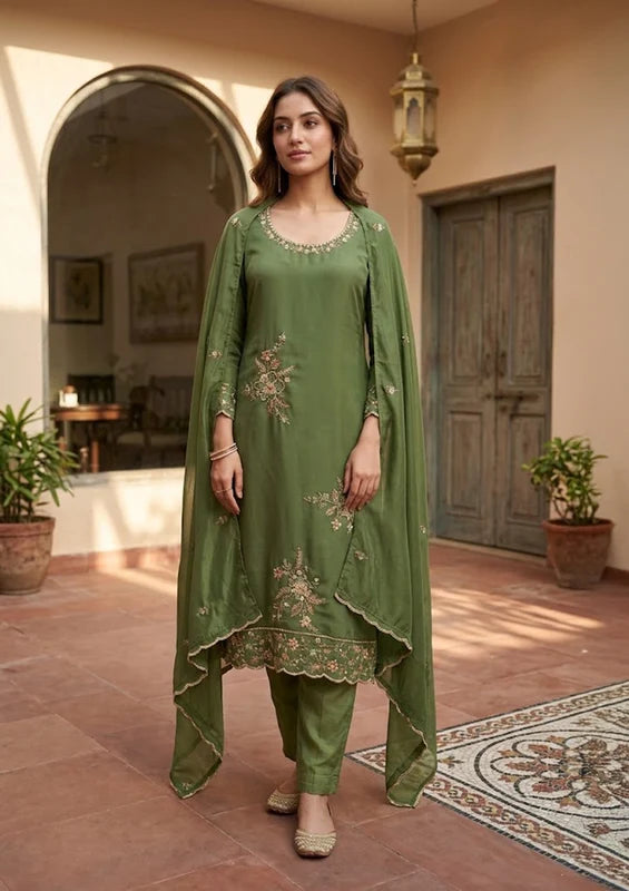 Mehendi Semi Crepe Threadwork Straight Kurta With Pant Regular And Dupatta