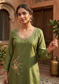 Mehendi Semi Crepe Threadwork Straight Kurta With Pant Regular And Dupatta