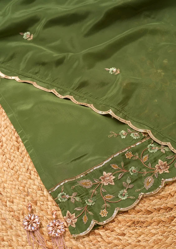 Mehendi Semi Crepe Threadwork Straight Kurta With Pant Regular And Dupatta