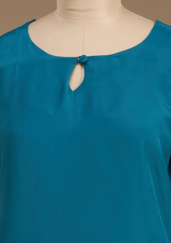 Peacock Blue Semi Crepe Threadwork Straight Kurta With Pant Regular And Dupatta
