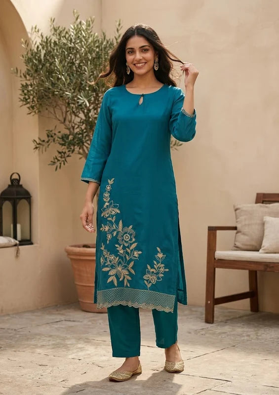 Peacock Blue Semi Crepe Threadwork Straight Kurta With Pant Regular And Dupatta