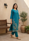 Peacock Blue Semi Crepe Threadwork Straight Kurta With Pant Regular And Dupatta