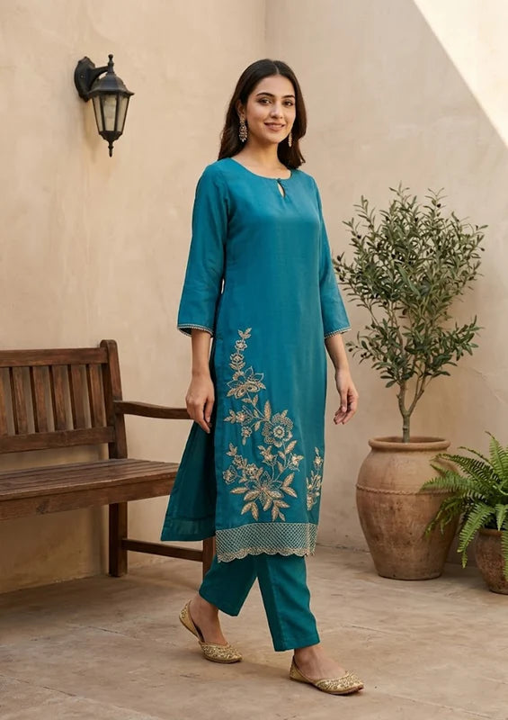 Peacock Blue Semi Crepe Threadwork Straight Kurta With Pant Regular And Dupatta