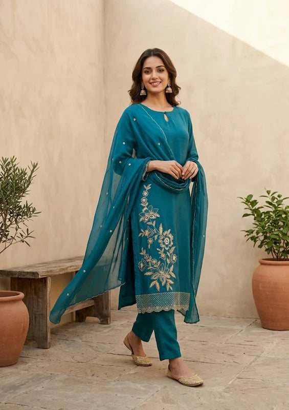 Peacock Blue Semi Crepe Threadwork Straight Kurta With Pant Regular And Dupatta