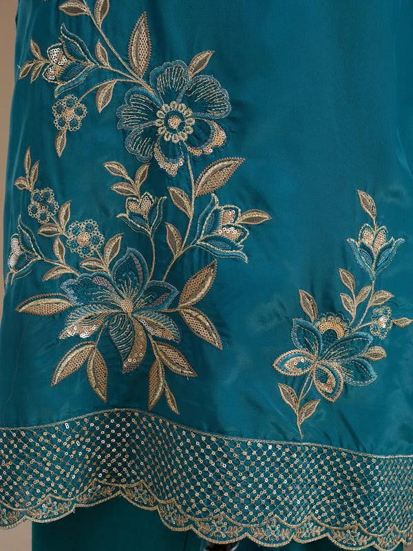 Peacock Blue Semi Crepe Threadwork Straight Kurta With Pant Regular And Dupatta