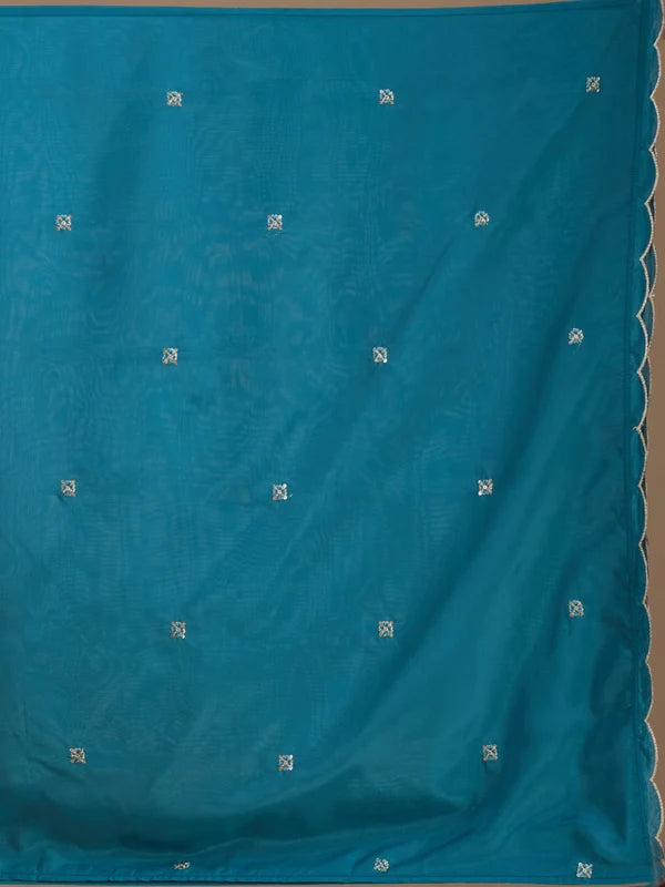 Peacock Blue Semi Crepe Threadwork Straight Kurta With Pant Regular And Dupatta