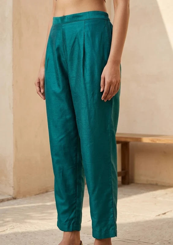 Peacock Blue Semi Crepe Threadwork Straight Kurta With Pant Regular And Dupatta
