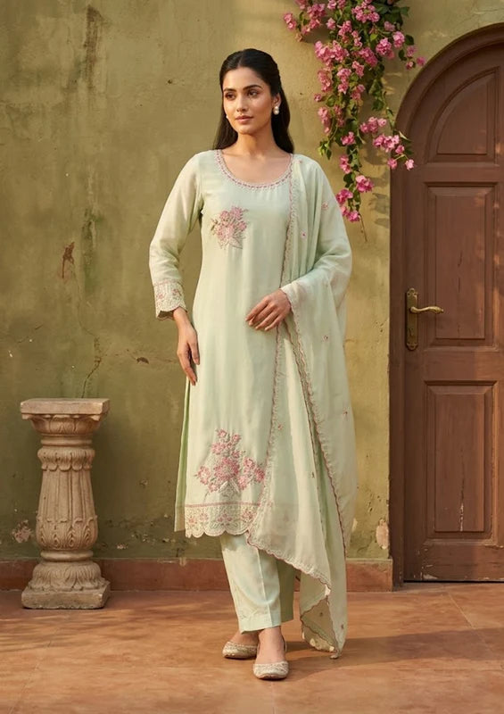 Pista Green Semi Crepe Threadwork Straight Kurta With Regular Pant And Dupatta