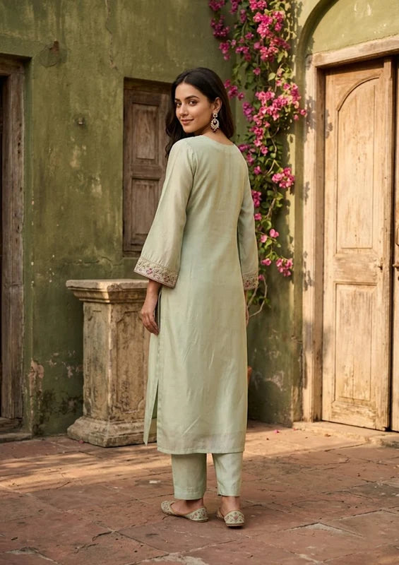 Pista Green Semi Crepe Threadwork Straight Kurta With Regular Pant And Dupatta