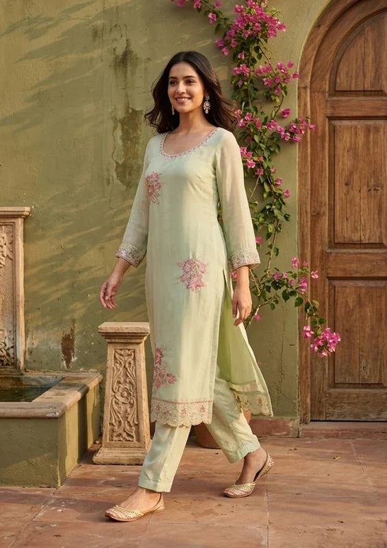 Pista Green Semi Crepe Threadwork Straight Kurta With Regular Pant And Dupatta