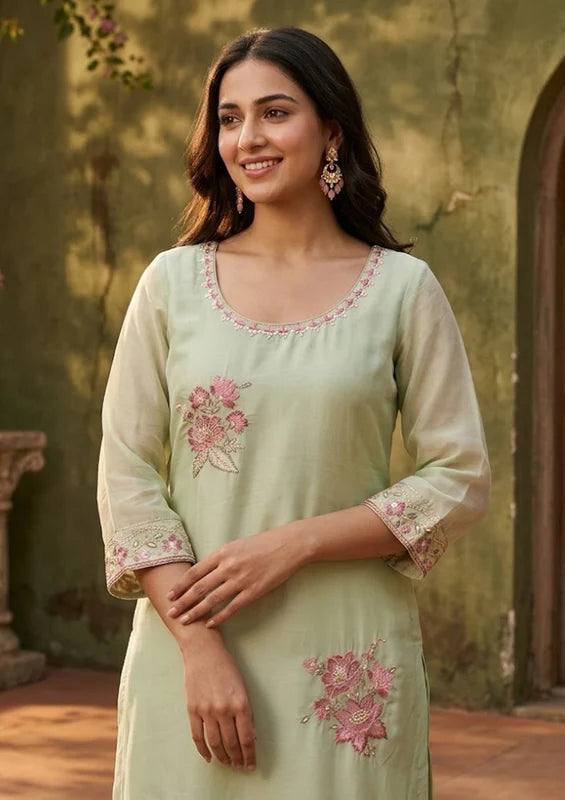 Pista Green Semi Crepe Threadwork Straight Kurta With Regular Pant And Dupatta