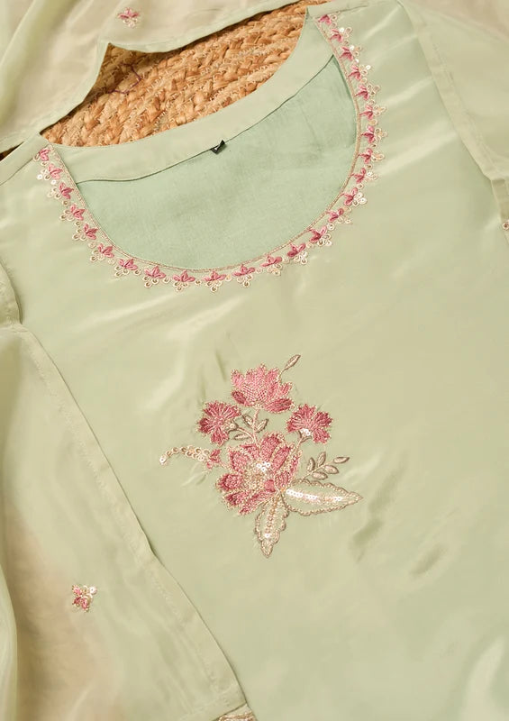 Pista Green Semi Crepe Threadwork Straight Kurta With Regular Pant And Dupatta