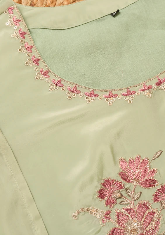 Pista Green Semi Crepe Threadwork Straight Kurta With Regular Pant And Dupatta
