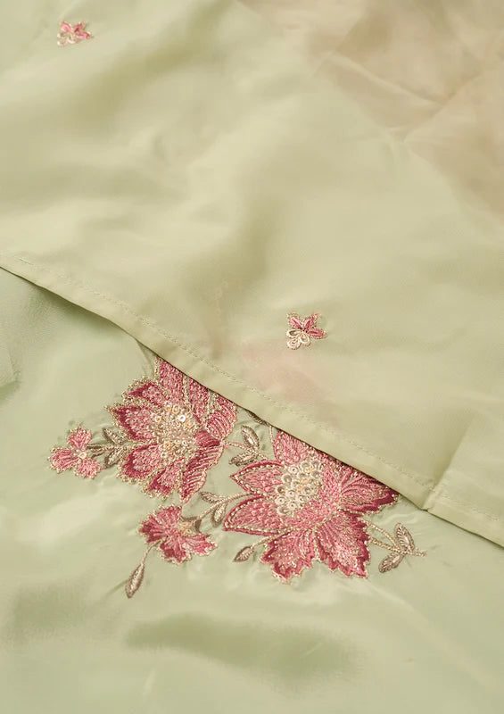 Pista Green Semi Crepe Threadwork Straight Kurta With Regular Pant And Dupatta