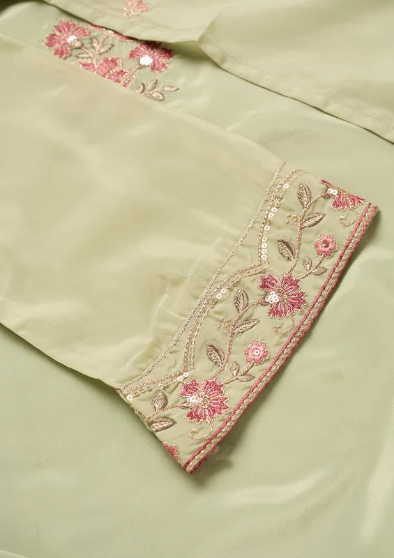 Pista Green Semi Crepe Threadwork Straight Kurta With Regular Pant And Dupatta