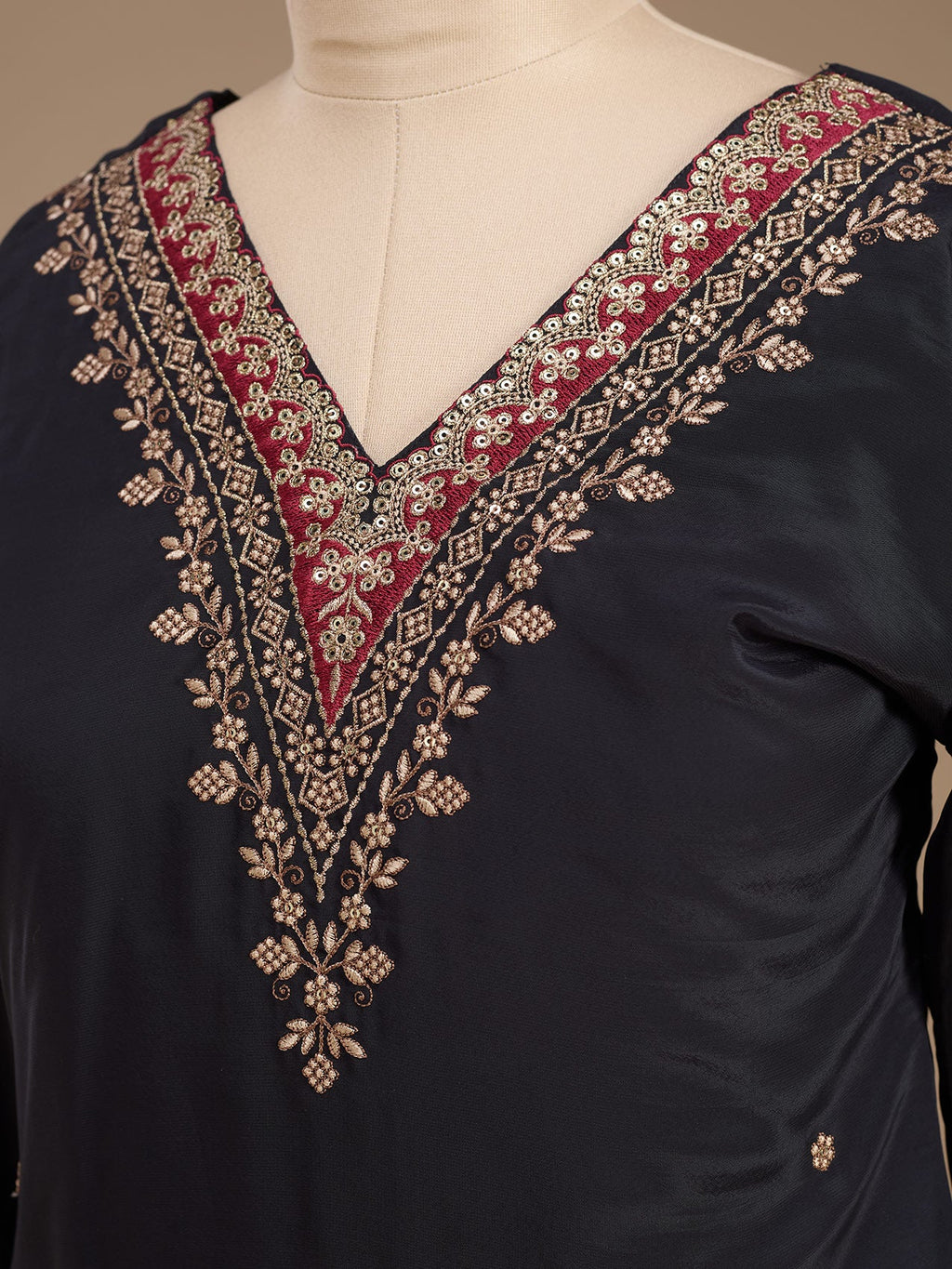 Black Semi Crepe Gold Zariwork Straight Kurta With Pant Regular And Dupatta