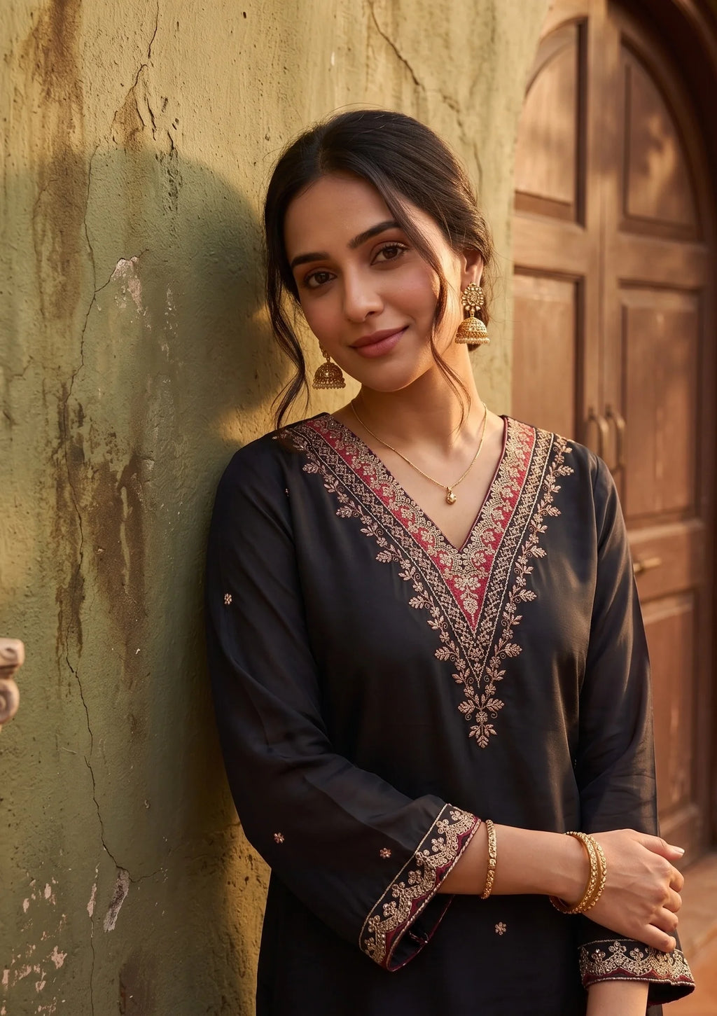 Black Semi Crepe Gold Zariwork Straight Kurta With Pant Regular And Dupatta