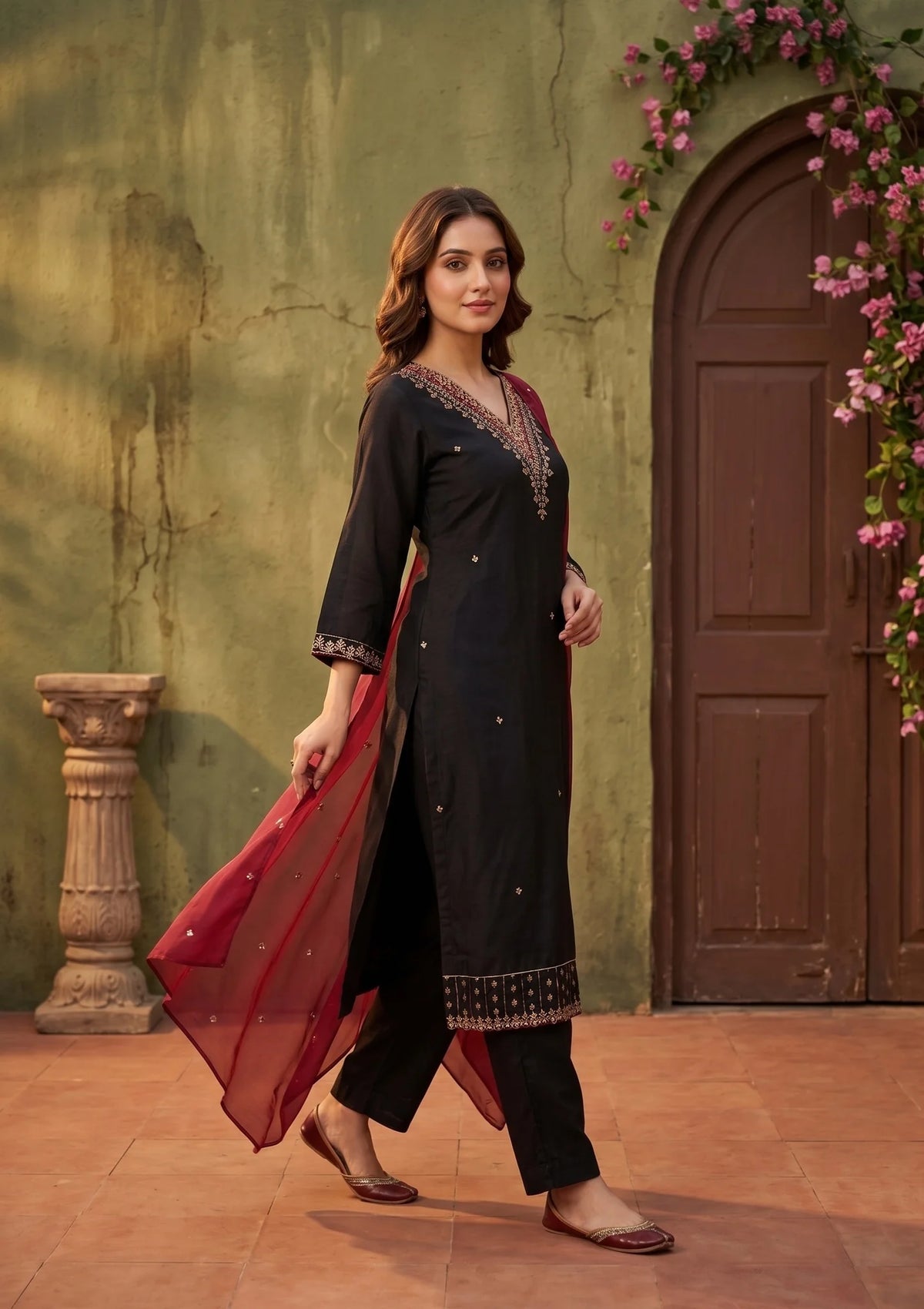 Black Semi Crepe Gold Zariwork Straight Kurta With Pant Regular And Dupatta