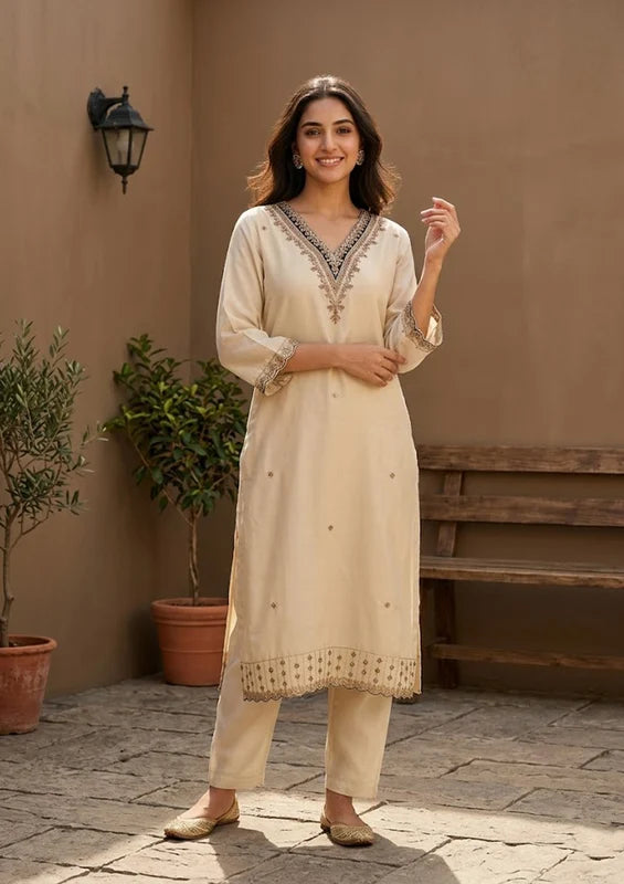 Cream Semi Crepe Gold Zariwork Straight Kurta With Pant Regular And Dupatta