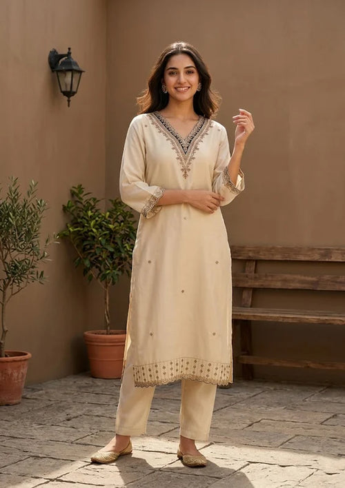 Cream Semi Crepe Gold Zariwork Straight Kurta With Pant Regular And Dupatta