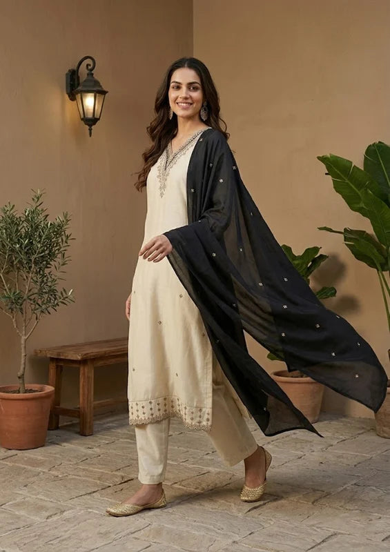Cream Semi Crepe Gold Zariwork Straight Kurta With Pant Regular And Dupatta