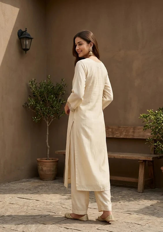 Cream Semi Crepe Gold Zariwork Straight Kurta With Pant Regular And Dupatta