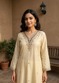 Cream Semi Crepe Gold Zariwork Straight Kurta With Pant Regular And Dupatta