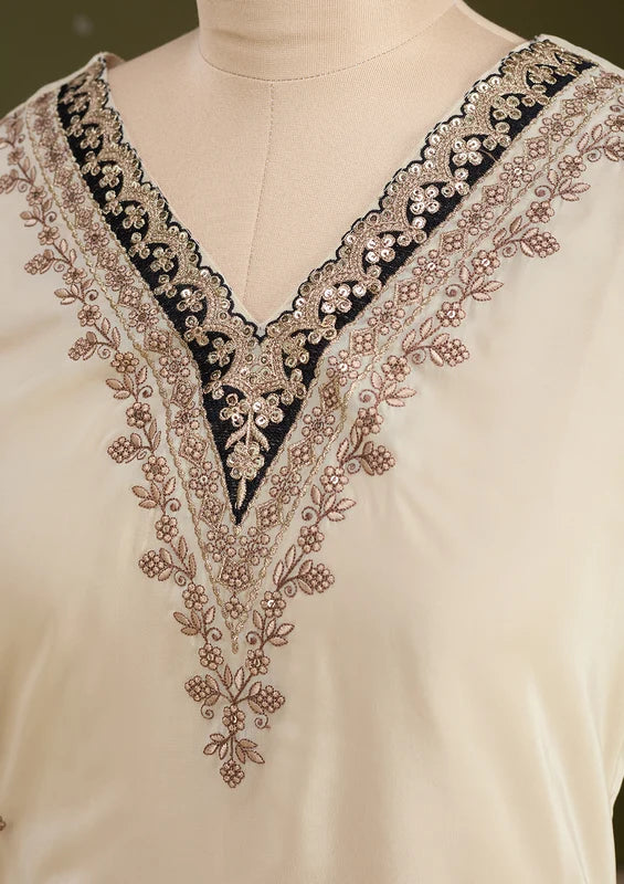 Cream Semi Crepe Gold Zariwork Straight Kurta With Pant Regular And Dupatta