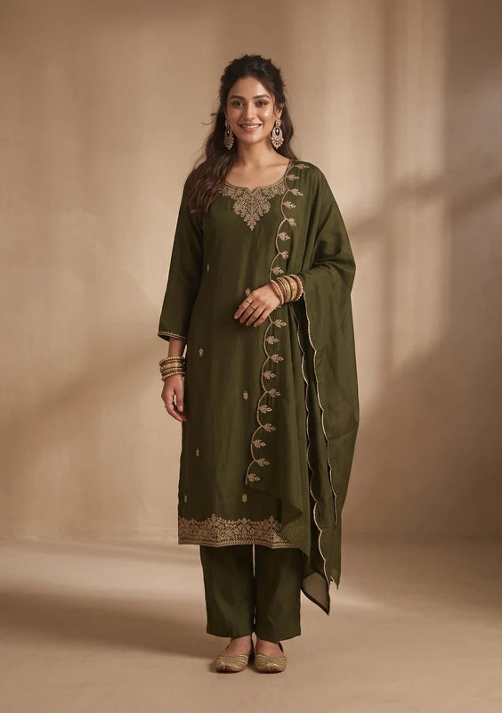 Mehandi Green Cording Chanderi Readymade Salwar SuitMehandi Green Cording Chanderi Readymade Salwar Suit