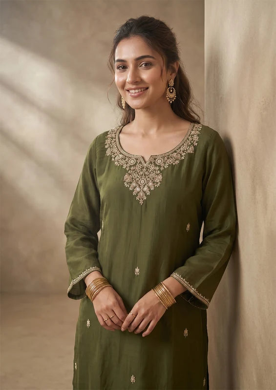 Mehandi Green Cording Chanderi Readymade Salwar SuitMehandi Green Cording Chanderi Readymade Salwar Suit