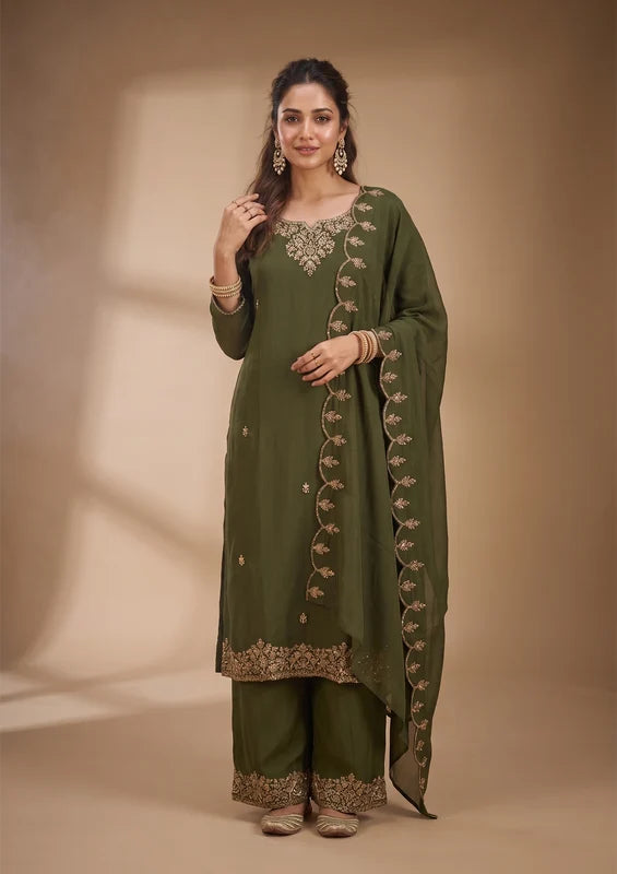 Mehandi Green Cording Chanderi Readymade Salwar SuitMehandi Green Cording Chanderi Readymade Salwar Suit