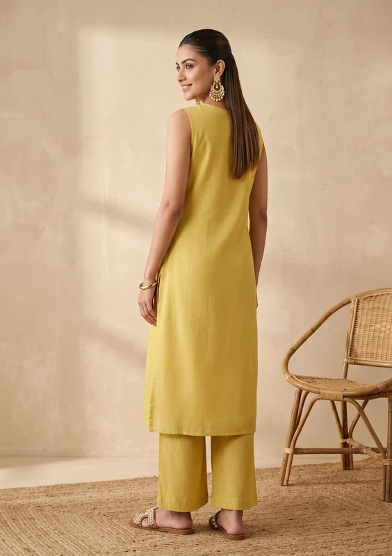 Lemon Yellow Threadwork Chanderi Readymade Salwar Suit