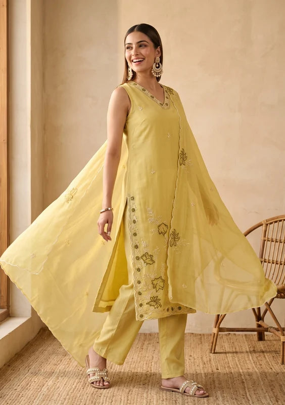 Lemon Yellow Threadwork Chanderi Readymade Salwar Suit
