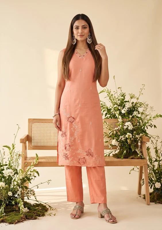 Peach Threadwork Chanderi Readymade Salwar Suit