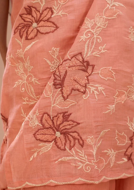 Peach Threadwork Chanderi Readymade Salwar Suit
